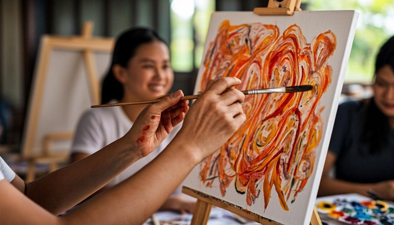 Tangan peserta sedang melukis di atas kanvas dengan warna oranye dan emas yang hangat.
