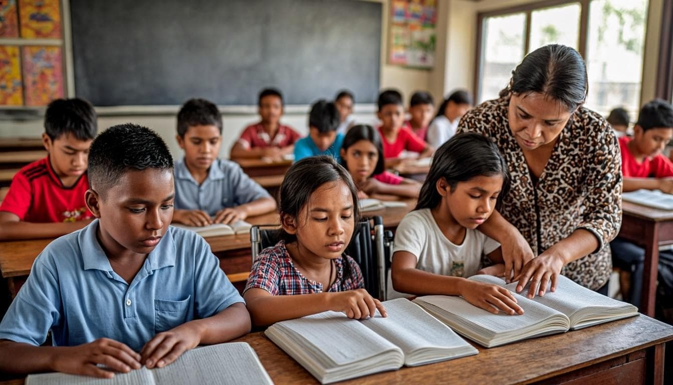 Seorang guru mendampingi siswa tunanetra membaca buku braille di kelas pendidikan inklusif.